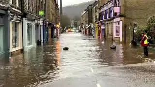 Eyewitness video shows  Yorkshire town flooded as Storm Ciara hits UK flooded streets in Hebden