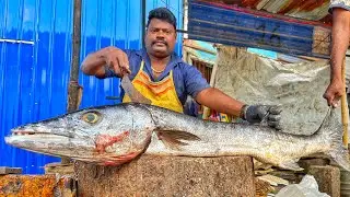 KASIMEDU 🔥 SPEED SELVAM | HUGE BARRACUDA FISH CUTTING VIDEO | 4K VIDEO | KM FISH CUTTING 