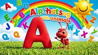 A bright rainbow sky with floating colorful letters A&ndash;Z bouncing gently, smiling sun and clouds.