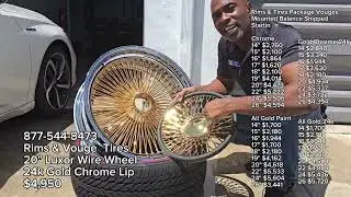 20 Inch Luxor Wire Wheels real 24k Gold chrome Lip Rims w Tires We Ship 877-544-8473