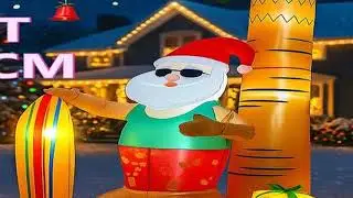 7.8FT LED Inflatable Xmas Yard Decor Beach Style Santa Claus Surfboard Palm Tree Christma
