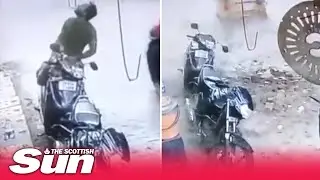 Miracle moment man saves child from falling bricks caught on CCTV