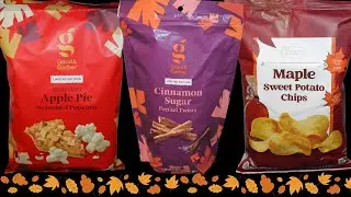 Good & Gather (Target) Apple Pie Popcorn, Cinnamon Sugar Pretzel Twists, Clancy&rsquo;s (Aldi) Maple Chips