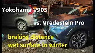 Braking distance on wet surface in winter - All season Vredestein Quatrac Pro vs. Winter Yokohama
