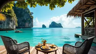 Summer June Smooth Jazz Piano & Guitar on Tropical Waterside Deck - Relaxing Ocean Views
