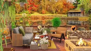 Fall Porch Coffee Shop Ambience w/ Exquisite Jazz Music | Cozy Autumn Forest Soundscape & Fireplace
