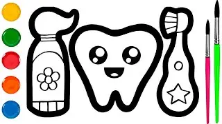 Tooth, Toothpaste and Toothbrush drawing for kids, coloring for toddlers