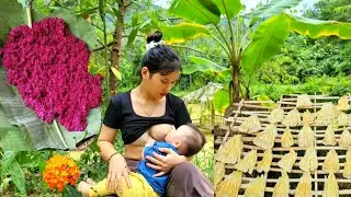 The mother harvests banana leaves to make colorful sticky rice and picks bamboo shoots to dry.