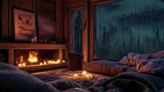 Lying next to Cozy Fireplace in Pouring Rain in Forest by Window with Thunder Roars to Sleep & Study