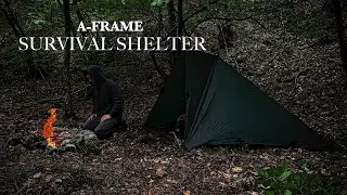 2 DAYS SOLO OVERNIGHT A-Frame Tarp Survival Shelter - Grilled Skewers, Bushcraft Skils, Making fire
