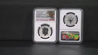 Полумонета Кеннеди 2018 года - серебряная реверсная пробная монета - NGC 70, этикетка на тележке.