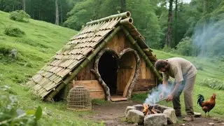 Building a Hillside Survival Shelter with Heart-Shaped Door & Wild Chicken Trap | Primitive Skills