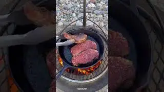 New York Strips w/Bourbon Mushrooms Recipe | Over the Fire Cooking by Derek Wolf