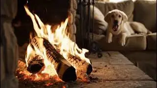 Cozy Winter Cabin Ambience ❄️ Crackling Fireplace & Sleeping Dog | Blizzard Sounds (4K)