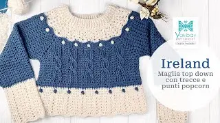 Ireland - Maglia top down con trecce e punti popcorn.