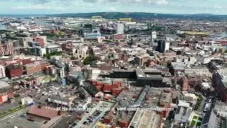 Aerial video of CastleCourt Shopping Centre Royal Avenue Belfast City Northern Ireland 4K