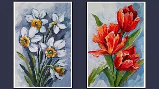 РИСУЕМ ПРОСТЫЕ ОТКРЫТКИ НА 8 МАРТА, ДЕНЬ РОЖДЕНИЯ.  КАК НАРИСОВАТЬ НАРЦИССЫ ПРОСТО. РИСУЕМ ТЮЛЬПАНЫ