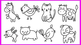 Easy farm animals drawing, easy wild animals drawing. Step by step drawing tutorial