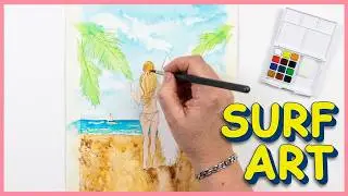 Surfing on the Beach in Watercolor No Rush Just Art #beachpainting  #surf  #watercolor