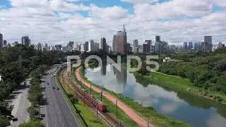 Sao Paulo Aerial River Pinheiros Street Cars Train Buildings Skyline2020