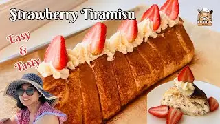 Easy Strawberry Tiramisu 👩&zwj;🍳🍰 delicious nobake dessert (no eggs,no mascarpone cheese)