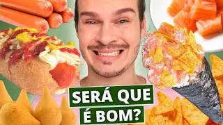 PROVAMOS COMIDAS ESTRANHAS DO APLICATIVO: CACHORRO QUENTE DE COXINHA E TEMAKI  DORITOS- Vale a pena?