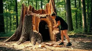 full video; 10 days building shelter in a tree stump and surviving alone