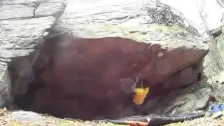 Gault's roof V9 boulder problem at Squirrel Rock Mocanaqua Boulder PA