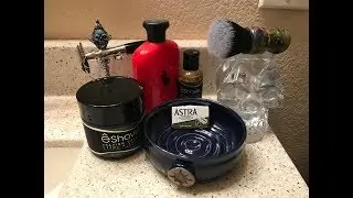 Friday Shave with eShave Razor, Shave Cream, DSCosmetics Flat Top Brush, Seller Burgener Stand.
