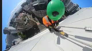Rope access rigging Y-hang load sharing for high rise window Cleaning and building wash.