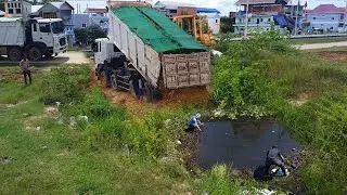 Delete Drain Pit!! Start Filling Land In Drain System Use Bulldozer D58 Pushing Soil & 25ton truck.