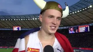 Karsten Warholm (NOR) after winning gold in the 400m hurdles