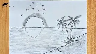 Step by Step Scenery Drawing | Easy Pencil Sketch | Sunset Beach with Palm Trees