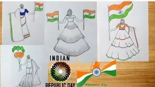 4 Republic Day Drawing 🇮🇳✨ // Girl holding Indian flag Drawing // Pencil Drawing Ideas/ republic Day