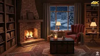 Cozy Fireplace Cabin with Snowfall Outside | Night Ambience, Crackling Fire, Relaxing Forest Sounds