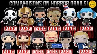 Comparisons of fakes by Funko POP! Horrors! Ghost Face, Leonidas, Scarface, AlexDelarge, Spaulding.