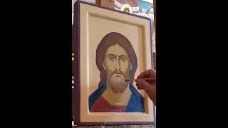 Painting icon portrait of Christ - Egg tempera technique - Time lapse