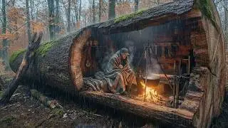 Building a house in the forest (ASMR) - I built a mini house inside a tree trunk by myself!
