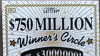 Quick Reveal! $30 $750 Million Winner&rsquo;s Circle Tx Lottery Scratch off Ticket.