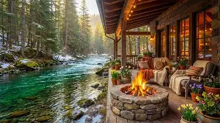 Cozy Riverside Cabin Porch 🌲🔥 Crackling Fire Pit, Flowing River & Nature Sounds for Study