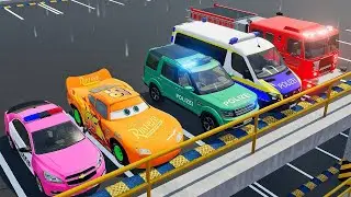 TRANSPORTING EMERGENCY DEPARTMENT CARS, AMBULANCE, POLICE CARS, FIRE TRUCK ! WITH TRUCKS! - FS 22