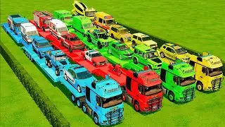 TRANSPORTING POLICE CARS, AMBULANCE, FIRE TRUCK, COLORFUL CARS WITH TRUCK -FARMING SIMULATOR 22!