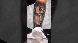 Black gray hyperrealism owl and female face portrait sleeve tattoo artist Melta  #tattooartist #ink