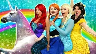 DISNEY PRINCESS MAGICAL UNICORN RIDE (with Frozen Elsa, Anna, Ariel and Belle)