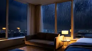 Relax & Fall Asleep Fast with Heavy Night Rain, Cozy Room Ambience and City Lights