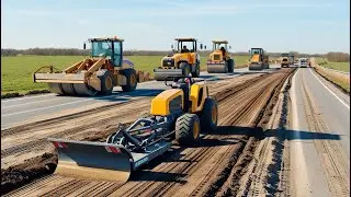 Awesome busy heavy motor grader machine working on a road construction project In the countryside