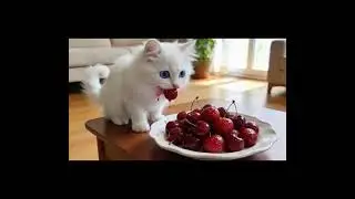 Cute Turkish Angora Cat Devours a Juicy Cherry!