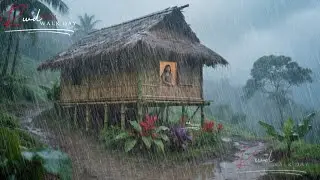 A HEAVENLY MOUNTAIN VILLAGE VIEW WITH BAMBOO STILT HOUSES DURING HEAVY RAIN