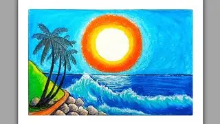 How to Draw A Beautiful Sea Beach | Oil Pastel Drawing for Beginners I