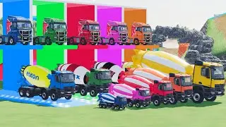 Mixer Trucks of Colors! SCANIA, JCB, MCQUEEN WITH DOUBLE FLATBED TRAILER TRUCK TO GARAGE, FS22 #A155